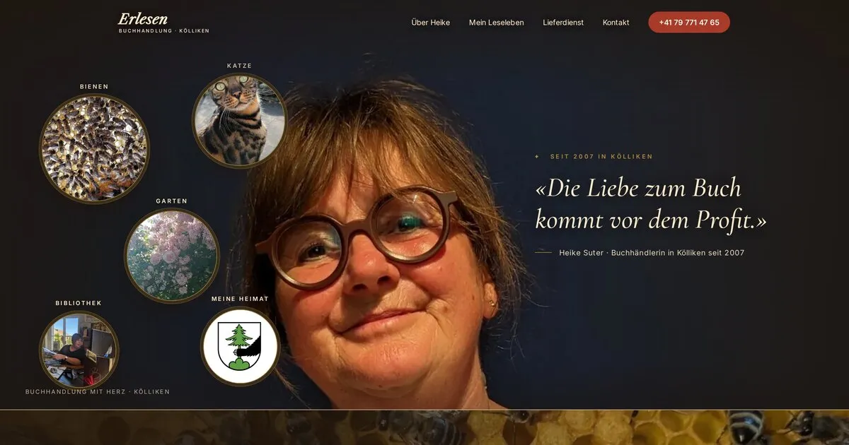 Startseite der neuen Website erlesen.ch der Buchhandlung Erlesen mit Porträt der Inhaberin